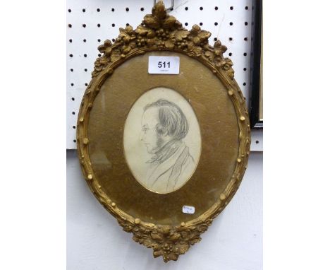 A Victorian pencil sketch of gentlemen in gilt oval frame with vine decoration, frame 33 x 23cm 