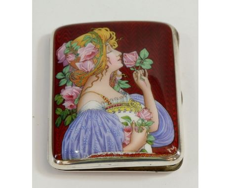 A fine silver German Art Nouveau cigarette case with enamel portrait of a woman in the style of Alphonse Mucha with Heinrich 