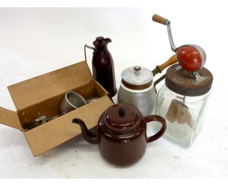 A butter churn and various kitchenalia  including enamel teapot, milk separator etc 