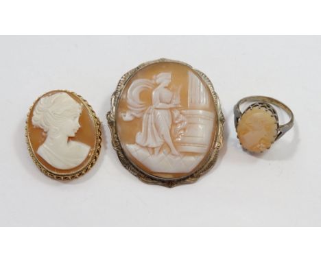 A 9 carat gold framed cameo brooch 3 x 2.5cm, a silver one and a silver cameo ring 