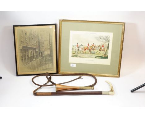 An antique hunting print, a copper horn, a bone handled riding crop and a graphite drawing 'The Old Cheddar Cheese Shop' by J