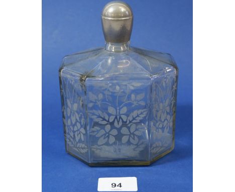 An 18th century Dutch etched glass flask with metal screw lid, 16cm 