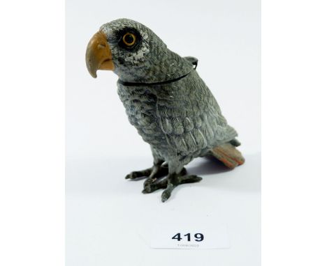 A 19th century spelter parrot form inkwell, 10cm tall