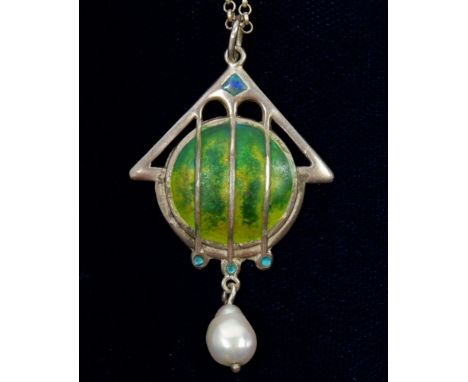 A James Fenton silver Arts &amp; Crafts Art Nouveau pendant with geometrical green enamel design suspended pearl