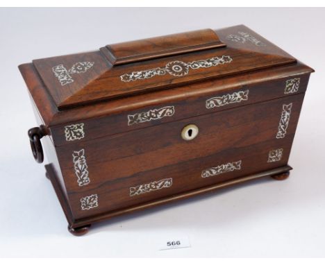 A 19th century rosewood and mother of pearl inlaid tea caddy with two fitted caddies and replacement cut glass bowl 