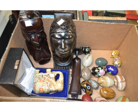 Boxes and Objects - decorative eggs including onyx, metal and ceramic; a hardstone elephant; carved tribal figures, etc