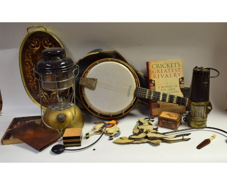Boxes and Objects  - a Richard Johnson miners lamp; marquetry tray; boxes; books; metal model of a Native American; a Musima 