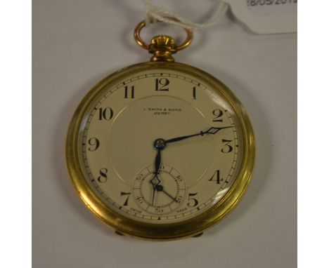 Local Horological Interest - a J Smiths, Derby rolled gold cased open face pocket watch, silvered two tone dial, Arabic numer