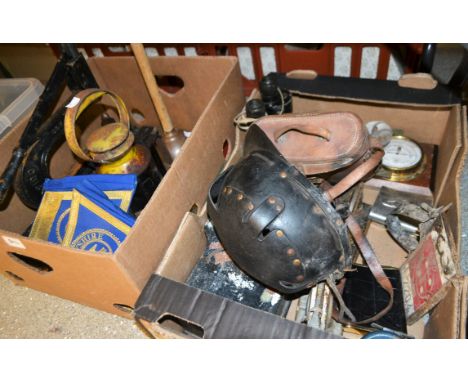 Boxes and Objects - a pair of Military issue Ross, London, MkII x 7 binoculars, dated 1938, cased; miners helmet; Masonic cuf