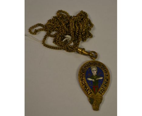 An enamel pendant modelled after the 9th century Alfred Jewel, on guard chain