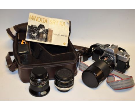 A Minolta SRT101 SLR camera, no 3558053, with original Rokkor-PF 58mm lens; others, Vivitar 28mm - 200mm zoom, with instructi