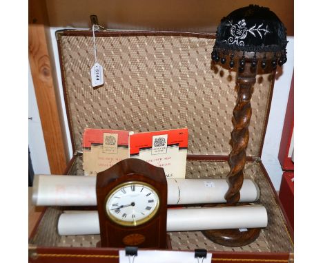 An Edwardian mahogany inlaid mantel timepiece; a barley twist hat stand; an Ordnance Survey map; a brown attaché case; a fram