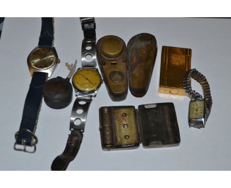 Boxes and Objects - a Dupont gold plated lighter, No 12AFT66, ribbed body; a novelty violin case travelling inkwell; watches;