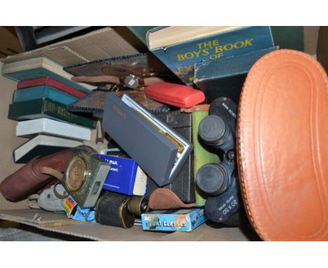 Binoculars and cameras including war issue monocular; pens including Parker, with 14ct nib; thermometer; watches; books, incl