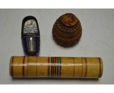 Boxes and Objects - a silver coloured metal thimble, pat no rd 127211, H Samuels leather case;  lignum vitae carved nutmeg gr