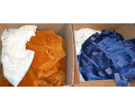 Textiles - curtains, including pair of full drop tan velvet; another similar, regular drop; a pair of full drop blue velvetee