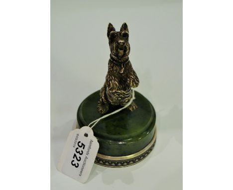 A Russian silver and nephrite jade model, of a rearing Scottish terrier, turned plinth outlined with a silver beaded anthemio