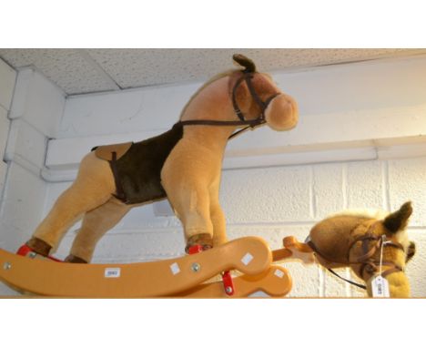 A Merrythought rocking horse on wooden rockers, approx 68cm in height; a Merrythought hobby horse (2)