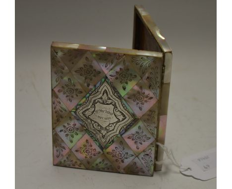 Victorian mother of pearl card case, inlaid white metal cartouche 