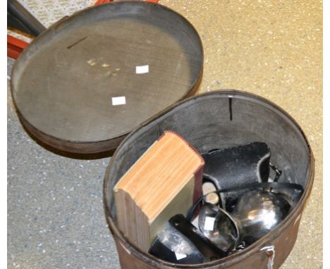 Boxes and Objects - a Yashica Electro 35 SLR camera; an early 20th century metal hat box; hip flasks; etc