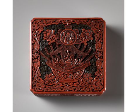 A SQUARE THREE-COLOR LACQUER 'CHUN' SPRING BOX AND COVER, QING DYNASTYChina, 18th - 19th century. Deeply carved through sever