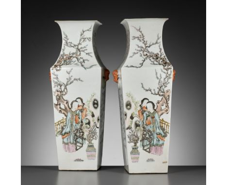 A PAIR OF LARGE QIANJIANG CAI VASES, BY FANG JIAZHEN, CHINA, DATED 1895Each of square section and baluster form with a waiste