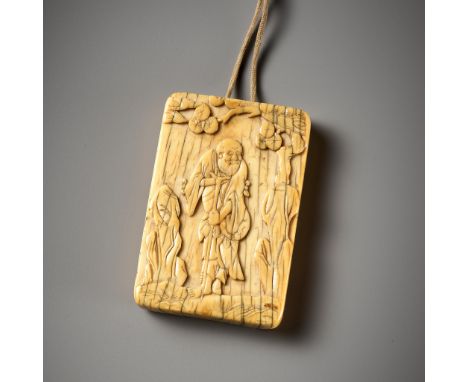 AN IVORY PENDANT DEPICTING LI TIEGUAI AND KUI XING, MING DYNASTYChina, 1368-1644. Of rectangular form with rounded corners, c