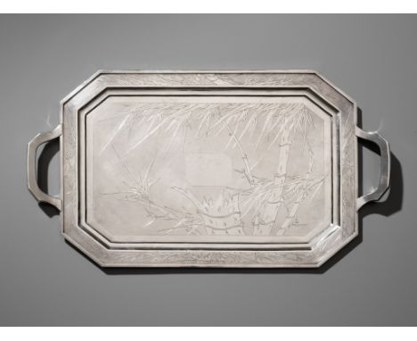 A LARGE 3.5 KG SILVER TRAY, FOR A COMPLETE TEA OR COFFEE SERVICE, CHINA, CIRCA 1900Of octagonal and rectangular form, the bor