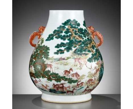 A FAMILLE ROSE 'HUNDRED DEER' (BAI LU) HU-FORM VASE, LATE QING TO EARLY REPUBLIC PERIODChina, 1850-1930. The pear-shaped body