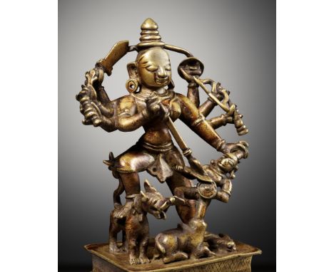 A BRASS FIGURE OF DURGA MAHISHASURAMARDINI, INDIA, 16TH-17TH CENTURYWell cast to depict the eight-armed goddess Durga slaying