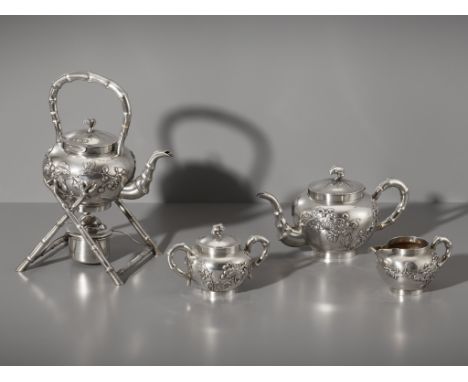 A SIX-PIECE 'CHRYSANTHEMUM' 900/1000 SILVER TEA &amp; COFFEE SERVICE, OVER 2 KG TOTAL WEIGHT, LATE QING DYNASTYInscribed: Sev