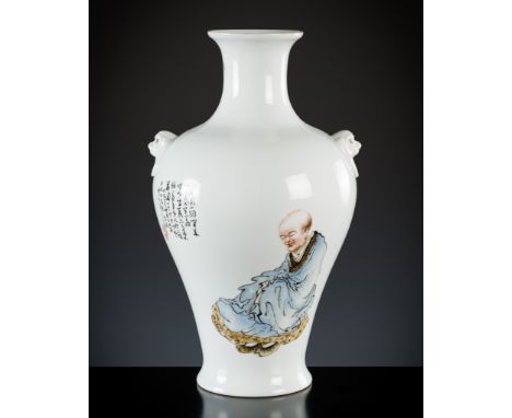 A FAMILLE ROSE 'SCHOLAR' VASE, INSCRIBED WANG QI (1884-1937), DATED 1929China. The baluster body with rounded and pronounced 