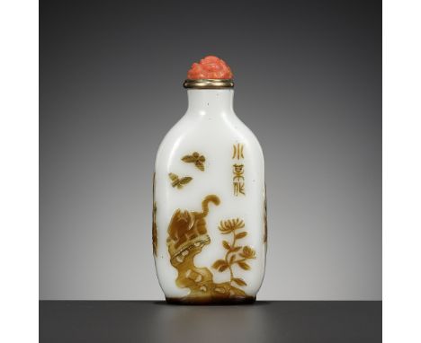 AN INSCRIBED OVERLAY GLASS 'CAT AND BUTTERFLY' SNUFF BOTTLE, BY WANG SU, YANGZHOU SCHOOL, CHINA, 1820-1840Inscriptions: To th