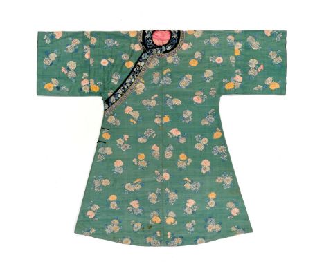 A WOMAN'S JADE-GREEN-GROUND KESI SILK 'CHRYSANTHEMUM' INFORMAL ROBE, QING DYNASTYExpert's note: The colors jade-green and tur