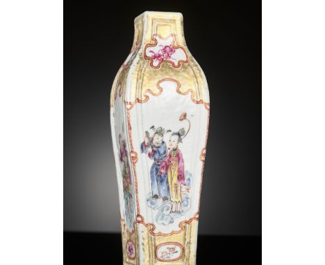 A GILT FAMILLE ROSE VASE DEPICTING THE EIGHT IMMORTALS, BAXIAN, QIANLONG PERIODChina, 1736-1795. Of square baluster form, sup