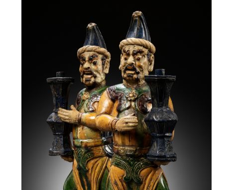 A PAIR OF SANCAI FIGURES OF PERSIAN AMBASSADORS, LATE MING DYNASTYChina, 16th - 17th century. Well modeled in mirror image, e