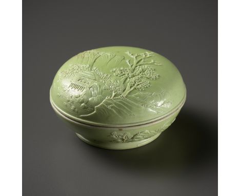 A LIME-GLAZED SEAL PASTE BOX AND COVER BY LI YUCHENG, CHINA, 1862-1908Of circular form, raised on a short spreading foot, the