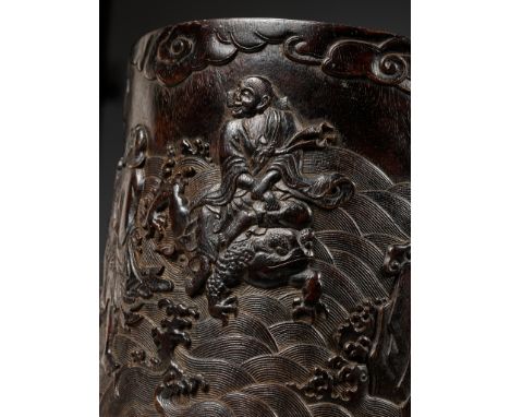 A LARGE ZITAN 'IMMORTALS' BRUSH POT, BITONG, CHINA, 18TH CENTURYExpert's note: This brush pot is finely carved in a manner th