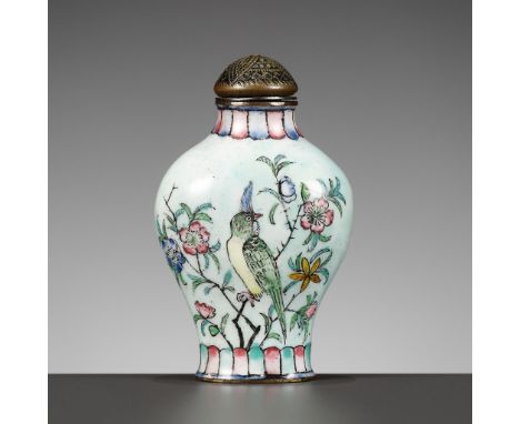 A CANTON ENAMEL 'PARADISE BIRD' SNUFF BOTTLE, MID-QING DYNASTYChina, Guangzhou, 1735-1800. Of flattened baluster form, rising