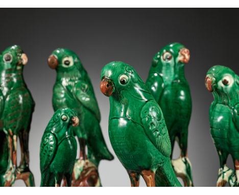 A COLLECTION OF SIX DIFFERENT SANCAI-GLAZED CERAMIC PARROTS, EARLY QING DYNASTYChina, late 17th to mid-18th century. Each bir