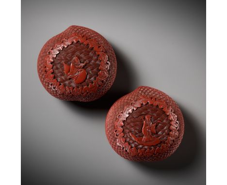 A PAIR OF HEAVY CARVED CINNABAR LACQUER PEACH-FORM BOXES AND COVERS DEPICTING IMMORTALS, QIANLONG PERIODChina. 1736-1795. Eac