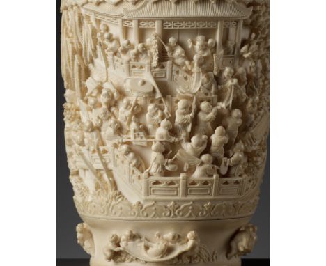 AN EXCEPTIONAL OPENWORK AND RETICULATED IVORY 'HUNDRED BOYS' VASE AND COVER, LATE QING TO REPUBLICChina, late 19th to early 2