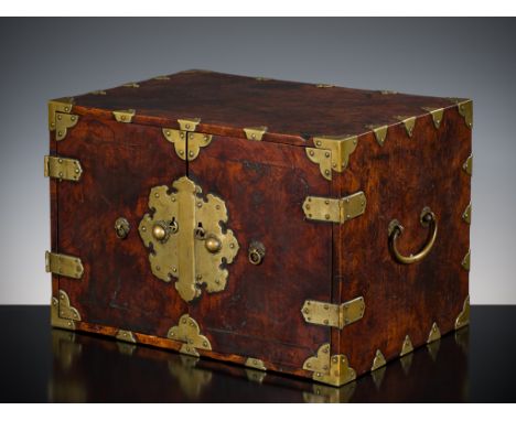 A BRASS-MOUNTED ZELKOVA WOOD DESKTOP CABINET, JOSEON DYNASTYKorea, 18th-19th century. Of rectangular form, with fine brass mo