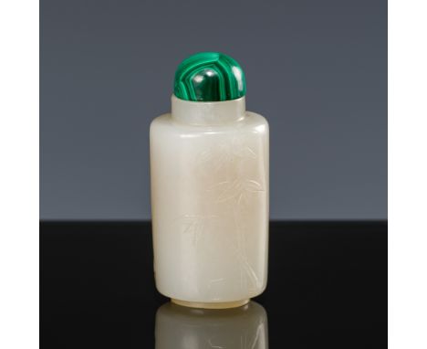 A PALE CELADON JADE 'BAMBOO' SNUFF BOTTLE, 18TH-19TH CENTURYChina. Finely carved, the cylindrical body supported on a short c