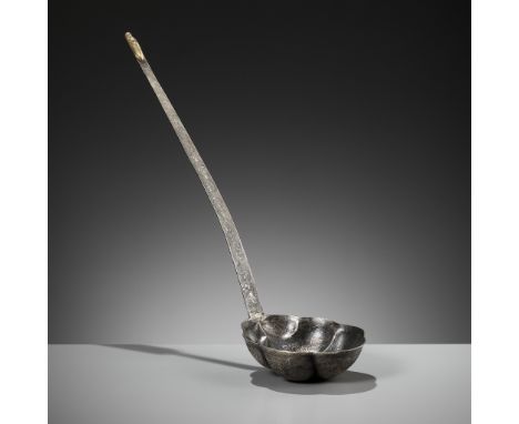 A LARGE AND FINE SILVER LADLE, TANG DYNASTYChina, 8th-9th century. The deep, petal-lobed bowl is finely engraved on the exter