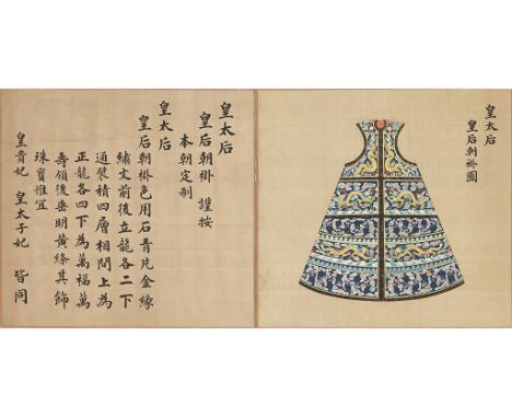 A RARE AND IMPORTANT ALBUM LEAF FROM THE HUANGCHAO LIQI TUSHI WITH AN IMPERIALLY INSCRIBED SILK PAINTING OF THE EMPRESS DOWAG