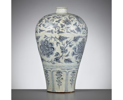 A BLUE AND WHITE 'PEONY, PHOENIX AND LONGMA' VASE, MEIPING, CHINA, 14TH-15TH CENTURYFinely painted in ample detail and neatly