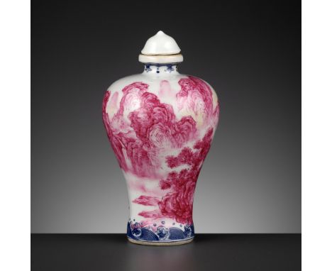 A PUCE-ENAMELED 'LANDSCAPE' SNUFF BOTTLE, REPUBLIC PERIODChina, 1912-1949. Of meiping form with a baluster body supported on 