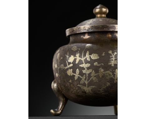 A PARCEL-GILT SILVER TRIPOD JAR AND COVER, TANG DYNASTYChina, 618-907. The globular body raised on three cabriole legs engrav