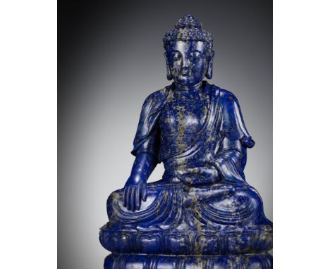 A LAPIS LAZULI SEATED FIGURE OF BUDDHA, CHINA, 18TH - 19TH CENTURYFinely carved seated in dhyanasana on a double lotus base w